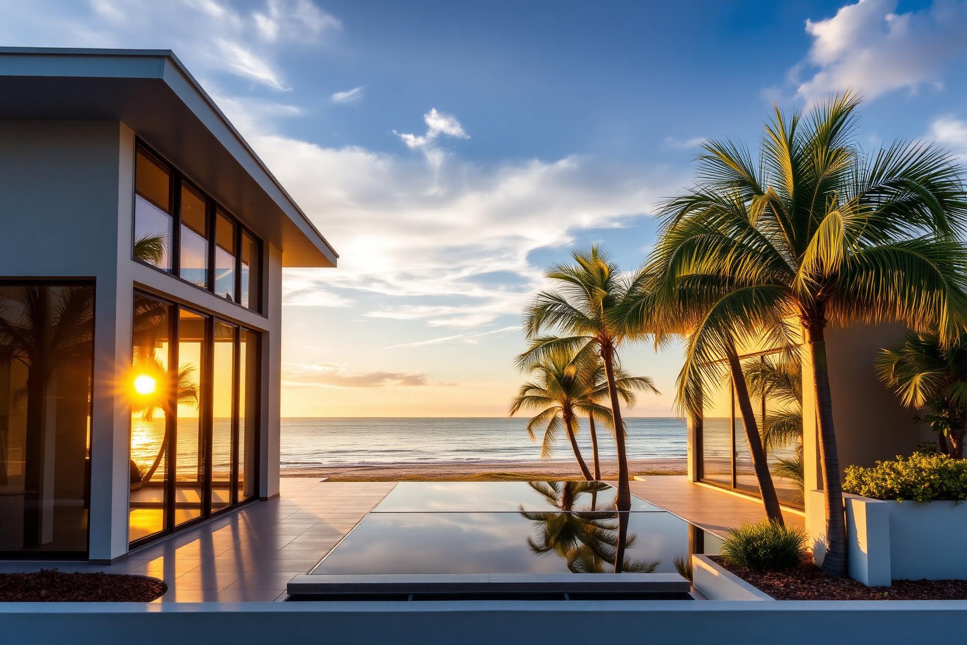 Florida coastal home with hurricane impact windows at sunset